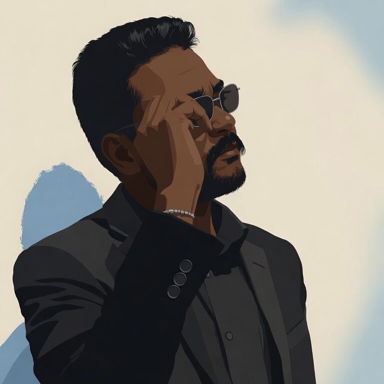 Illustrated portrait of Naveen Jose in ink on cream paper, adjusting sunglasses.