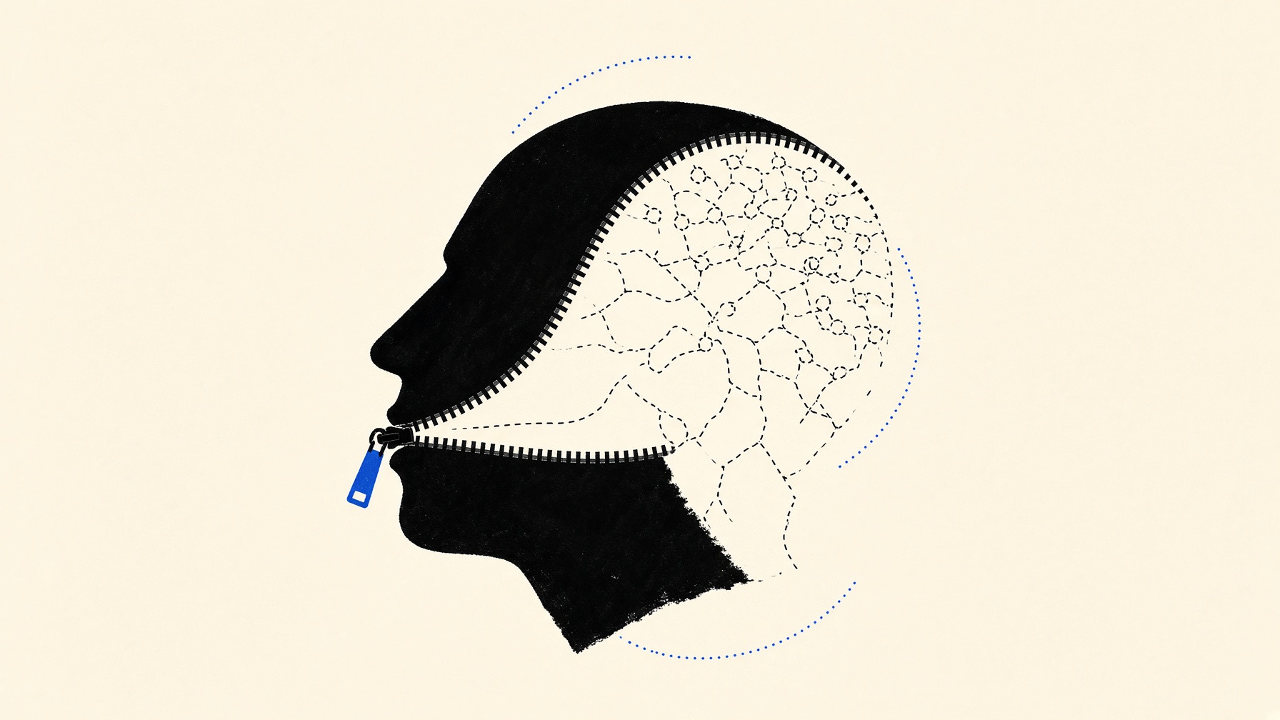 A black ink silhouette of a head in profile on cream paper; a zipper opens across the mind and reveals only empty dashed lines, with one cobalt-blue pull-tab.