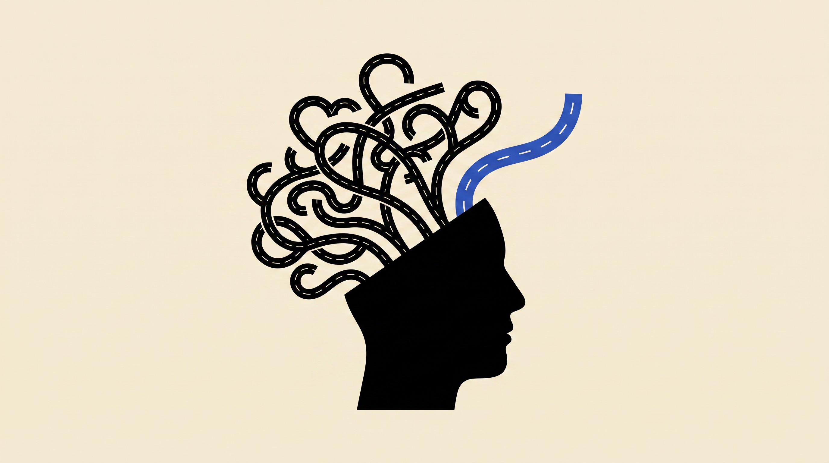 A black silhouette of a head in profile with a tangled maze of branching paths spilling out from it, one single path breaking free in cobalt blue and running straight off the edge of the frame.