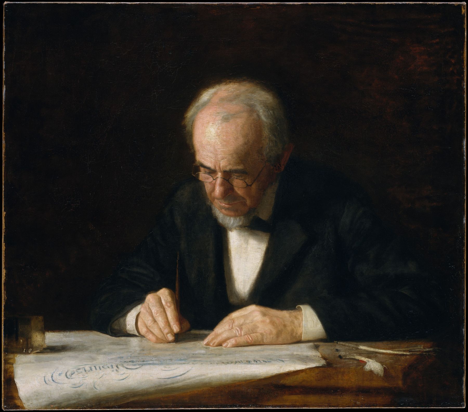Thomas Eakins portrait of an elderly writing master in a dark suit, bent over a sheet of penmanship at a table.