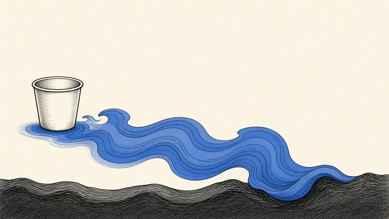 A cream editorial drawing of a simple cup with a cobalt stream flowing into a dark textured ground, appearance rising, living, and returning in one field.