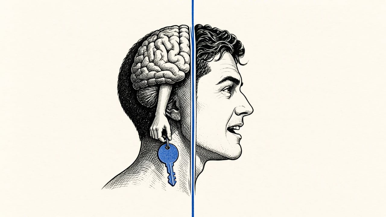 Cream-paper ink drawing of a head in profile split by a cobalt seam: on one side a hatched brain whose hand holds a cobalt key, on the other a face speaking with confidence.